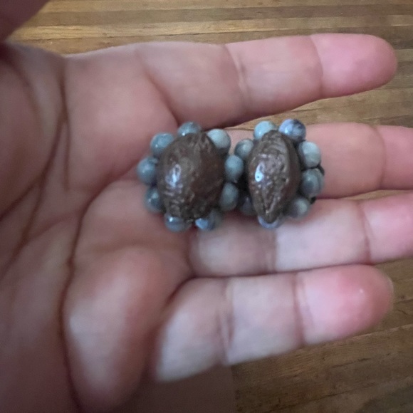 Vintage MCM Clip On Earrings Clips Japan 60s Mid Century Modern Blue Brown - Picture 1 of 4